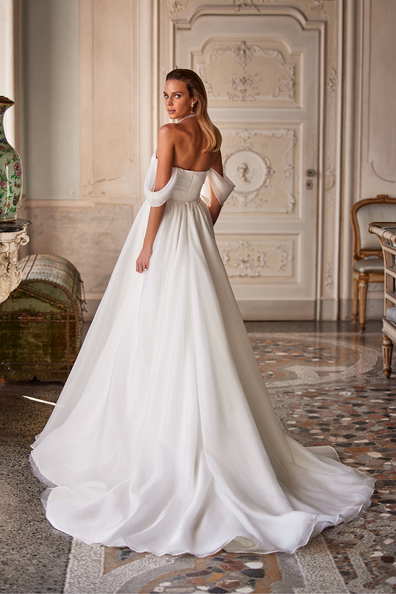 K1256 - Off-Shoulder Ruched Appliqued Tulle A-Line Long Wedding Dress