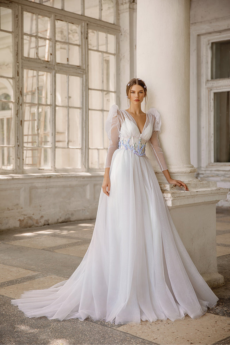 K1257 - V-Neck Long Sleeves Floral Appliqued Tulle A-Line Wedding Dress