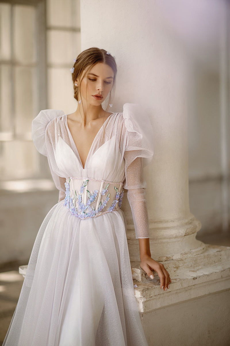 K1257 - V-Neck Long Sleeves Floral Appliqued Tulle A-Line Wedding Dress