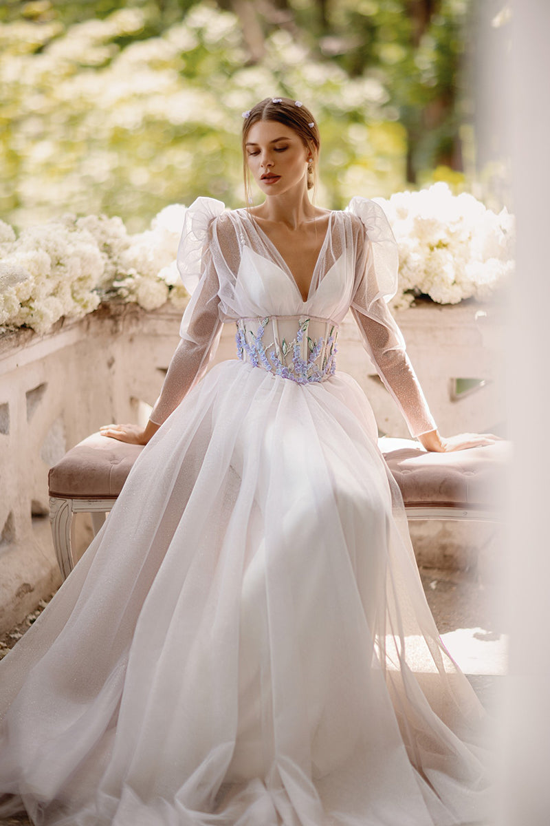 K1257 - V-Neck Long Sleeves Floral Appliqued Tulle A-Line Wedding Dress