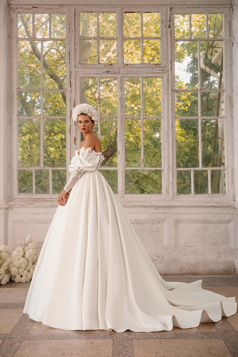 K1258 - Sweetheart Off-Shoulder Appliqued Satin Ball Wedding Dress