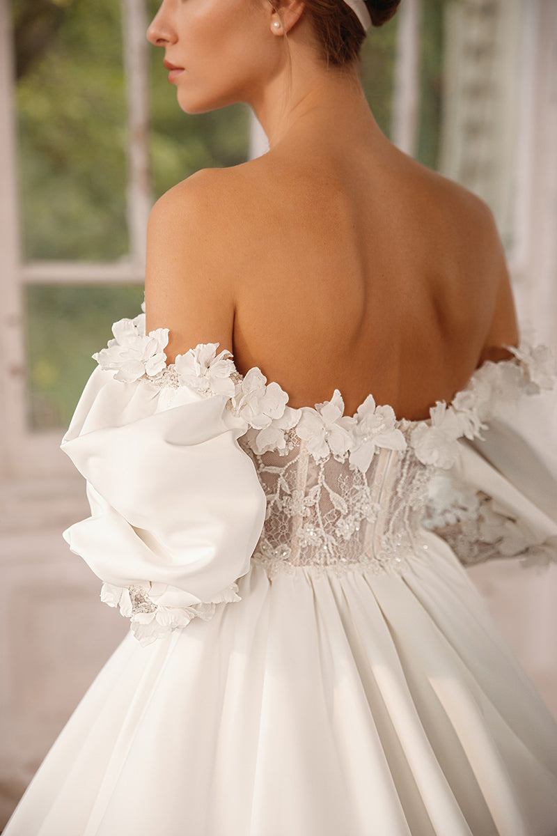 K1258 - Sweetheart Off-Shoulder Appliqued Satin Ball Wedding Dress