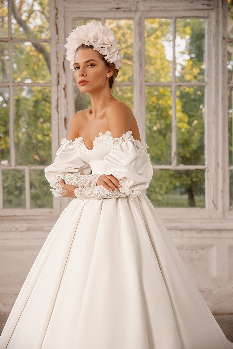 K1258 - Sweetheart Off-Shoulder Appliqued Satin Ball Wedding Dress