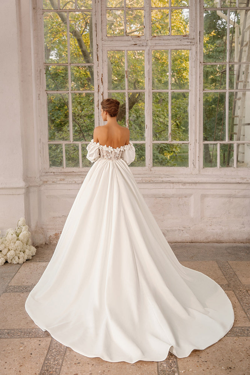 K1258 - Sweetheart Off-Shoulder Appliqued Satin Ball Wedding Dress