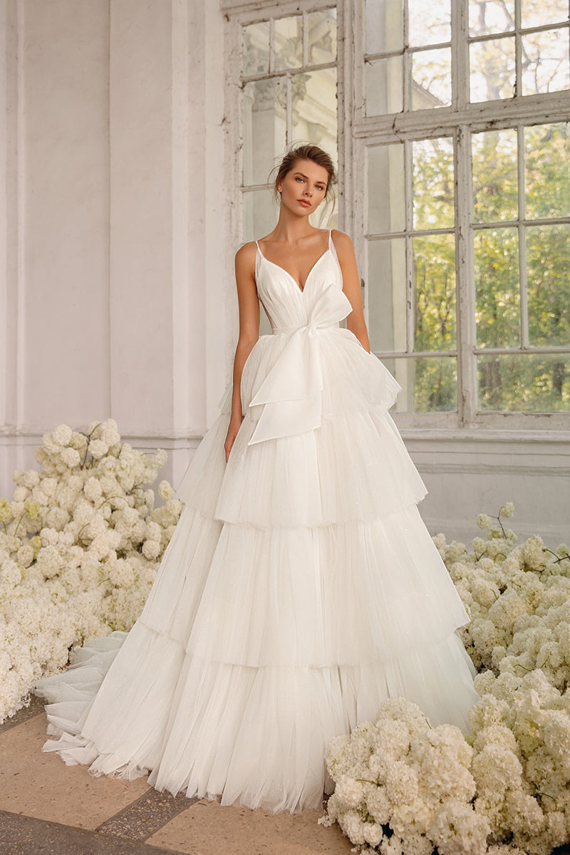 K1259 - V-Neck Spaghetti Straps Ruched Tulle A-Line Long Wedding Dress