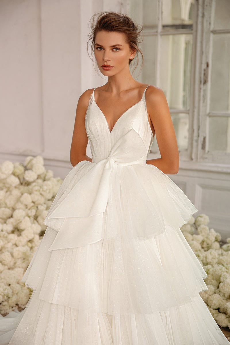 K1259 - V-Neck Spaghetti Straps Ruched Tulle A-Line Long Wedding Dress