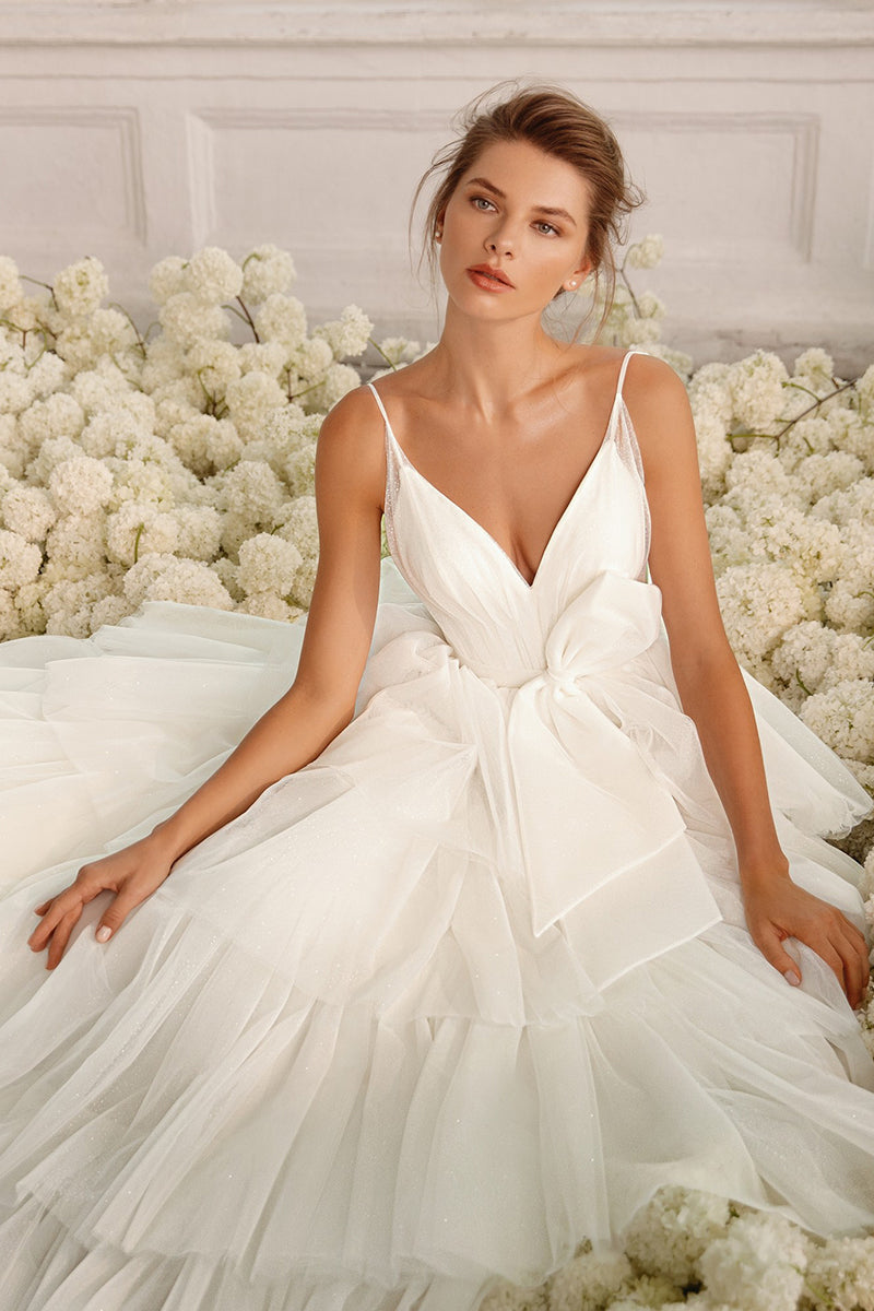 K1259 - V-Neck Spaghetti Straps Ruched Tulle A-Line Long Wedding Dress