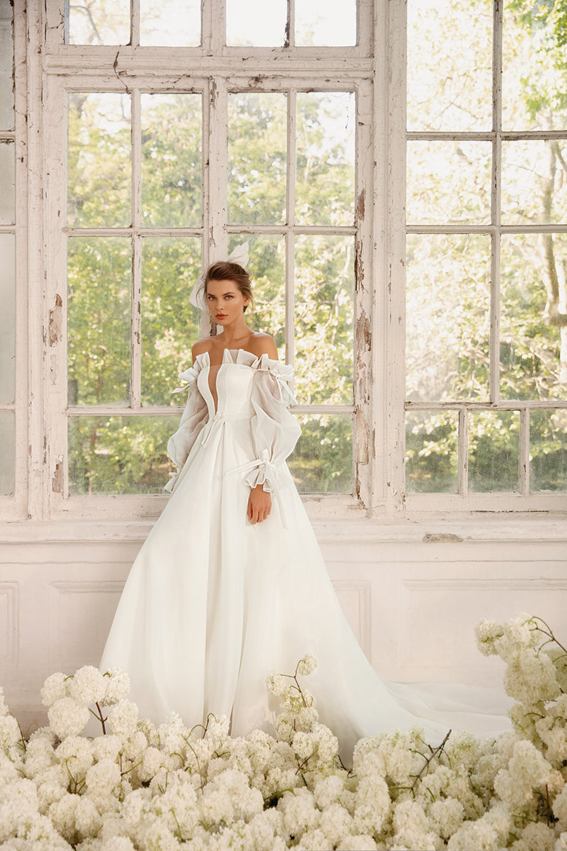 K1260 - Low V-Neck Long Sleeves Ruched Tulle A-Line Long Wedding Dress