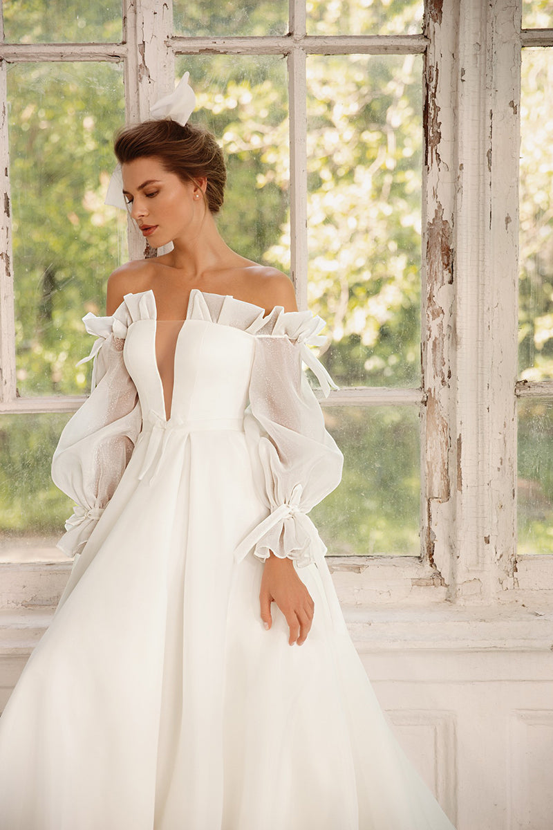 K1260 - Low V-Neck Long Sleeves Ruched Tulle A-Line Long Wedding Dress