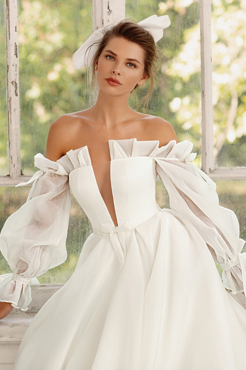 K1260 - Low V-Neck Long Sleeves Ruched Tulle A-Line Long Wedding Dress