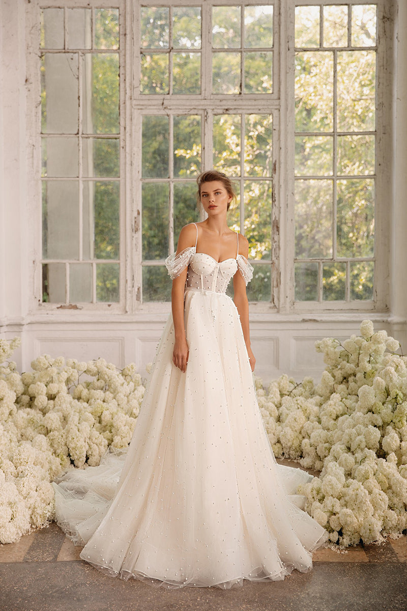 K1261 - Sweetheart Off-Shoulder Beaded Tullle A-Line Long Wedding Dress