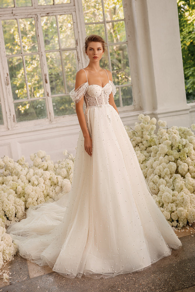 K1261 - Sweetheart Off-Shoulder Beaded Tullle A-Line Long Wedding Dress