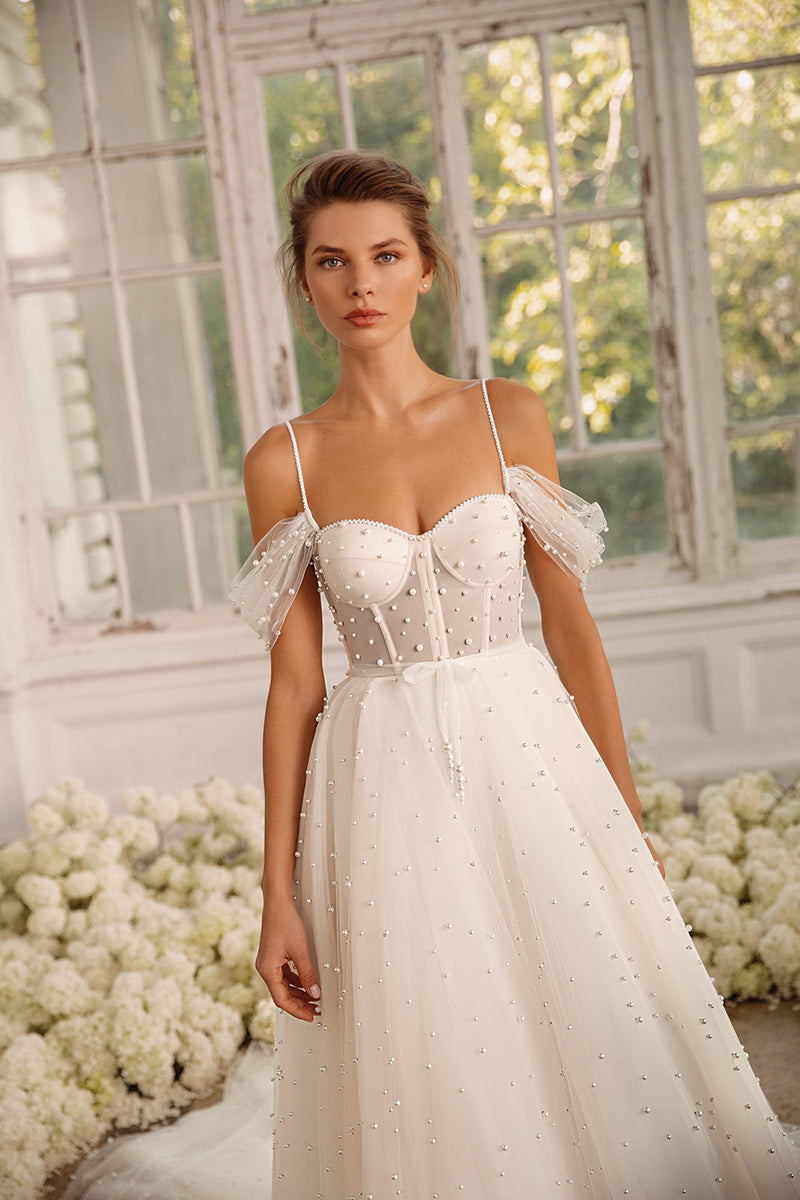 K1261 - Sweetheart Off-Shoulder Beaded Tullle A-Line Long Wedding Dress