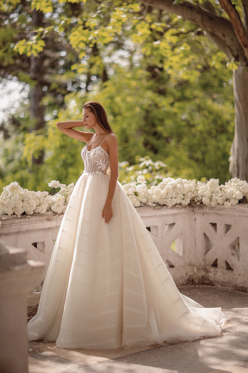 K1262 - Scoop Spaghetti Straps Appliqued Tulle Long Ball Wedding Dress