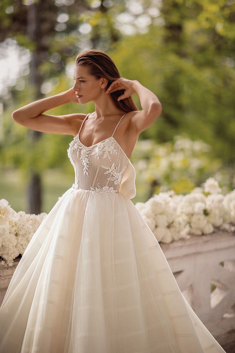 K1262 - Scoop Spaghetti Straps Appliqued Tulle Long Ball Wedding Dress