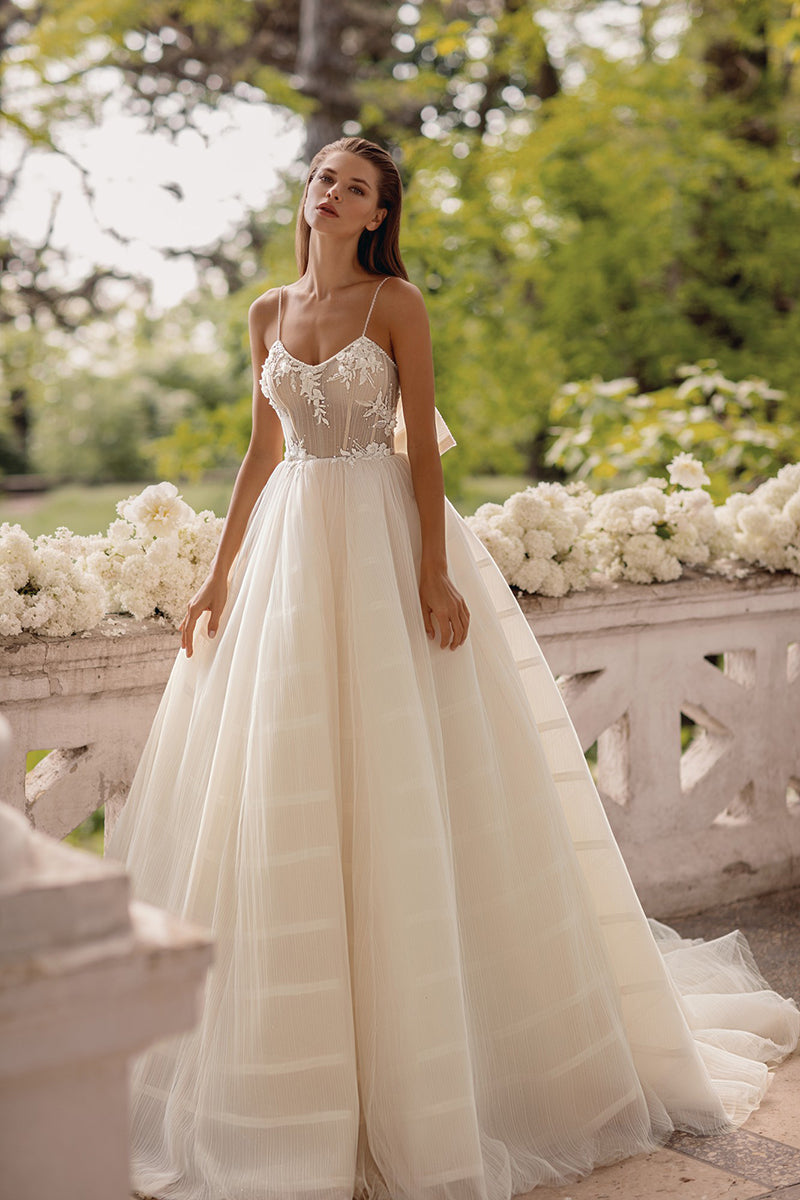 K1262 - Scoop Spaghetti Straps Appliqued Tulle Long Ball Wedding Dress