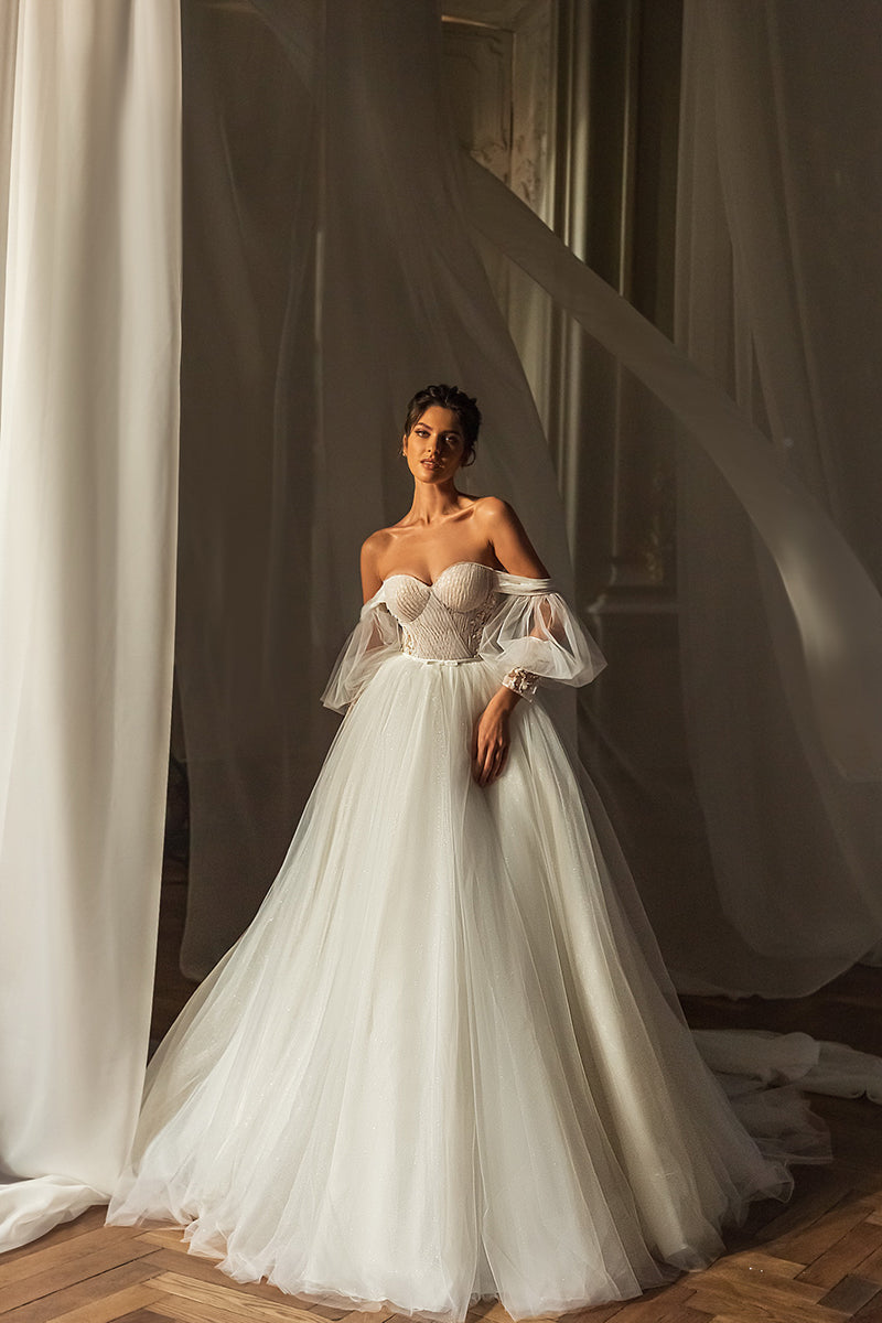 K1264 - Sweetheart Off-Shoulder Long Sleeves Tulle Long Ball Wedding Gown