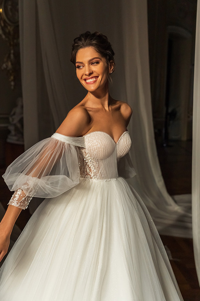 K1264 - Sweetheart Off-Shoulder Long Sleeves Tulle Long Ball Wedding Gown