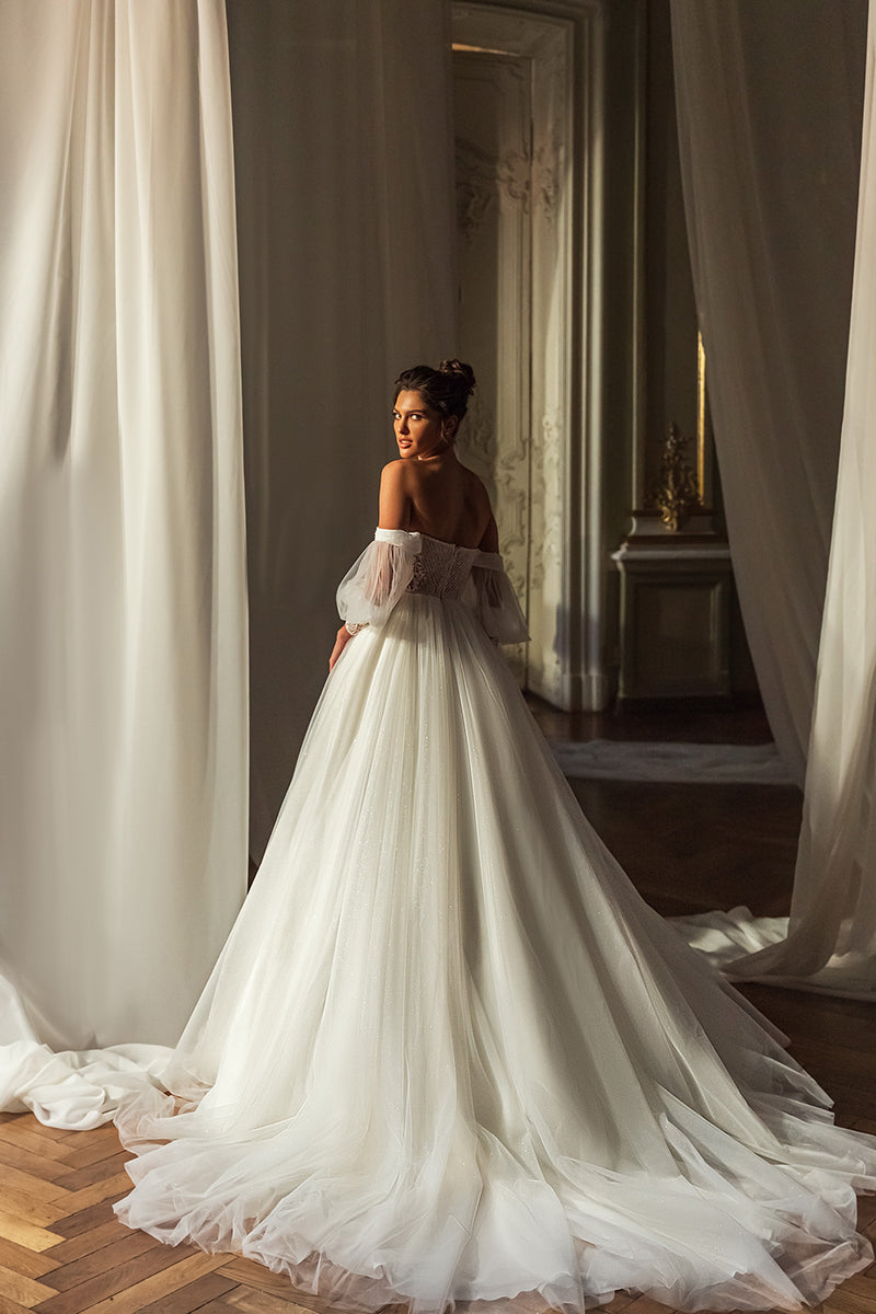 K1264 - Sweetheart Off-Shoulder Long Sleeves Tulle Long Ball Wedding Gown