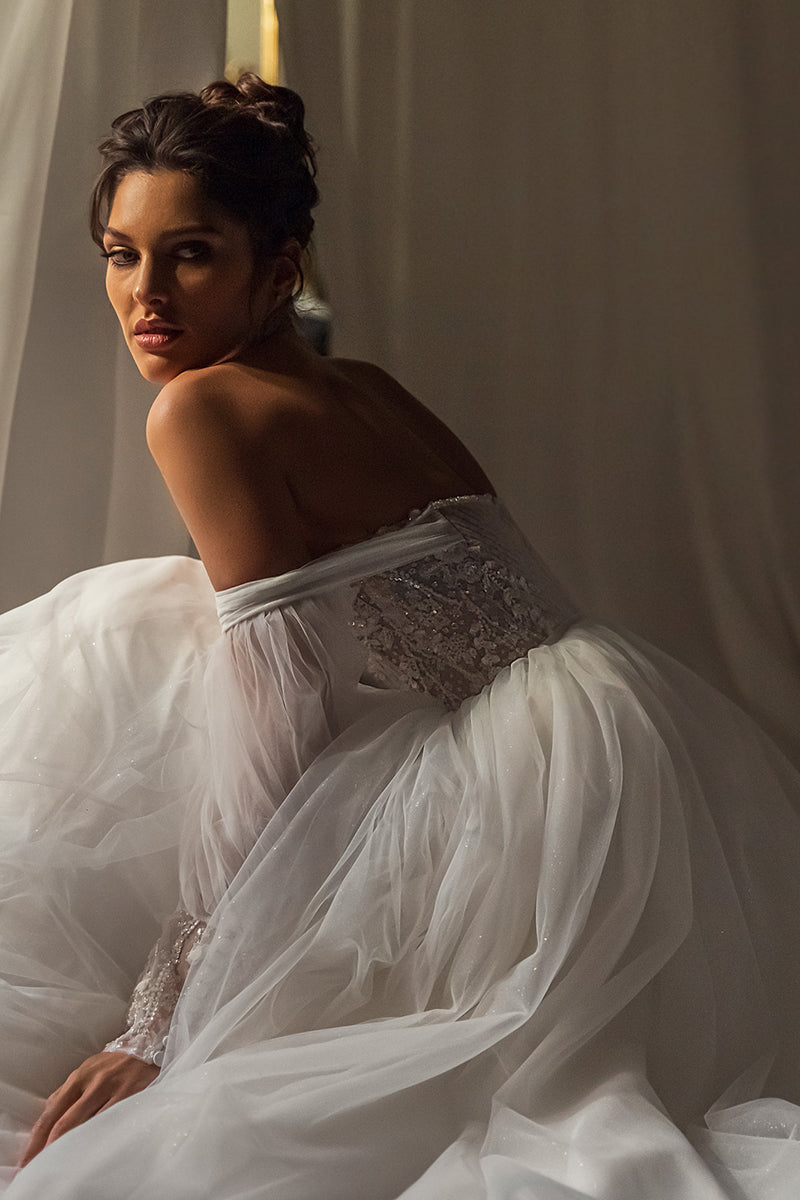 K1264 - Sweetheart Off-Shoulder Long Sleeves Tulle Long Ball Wedding Gown