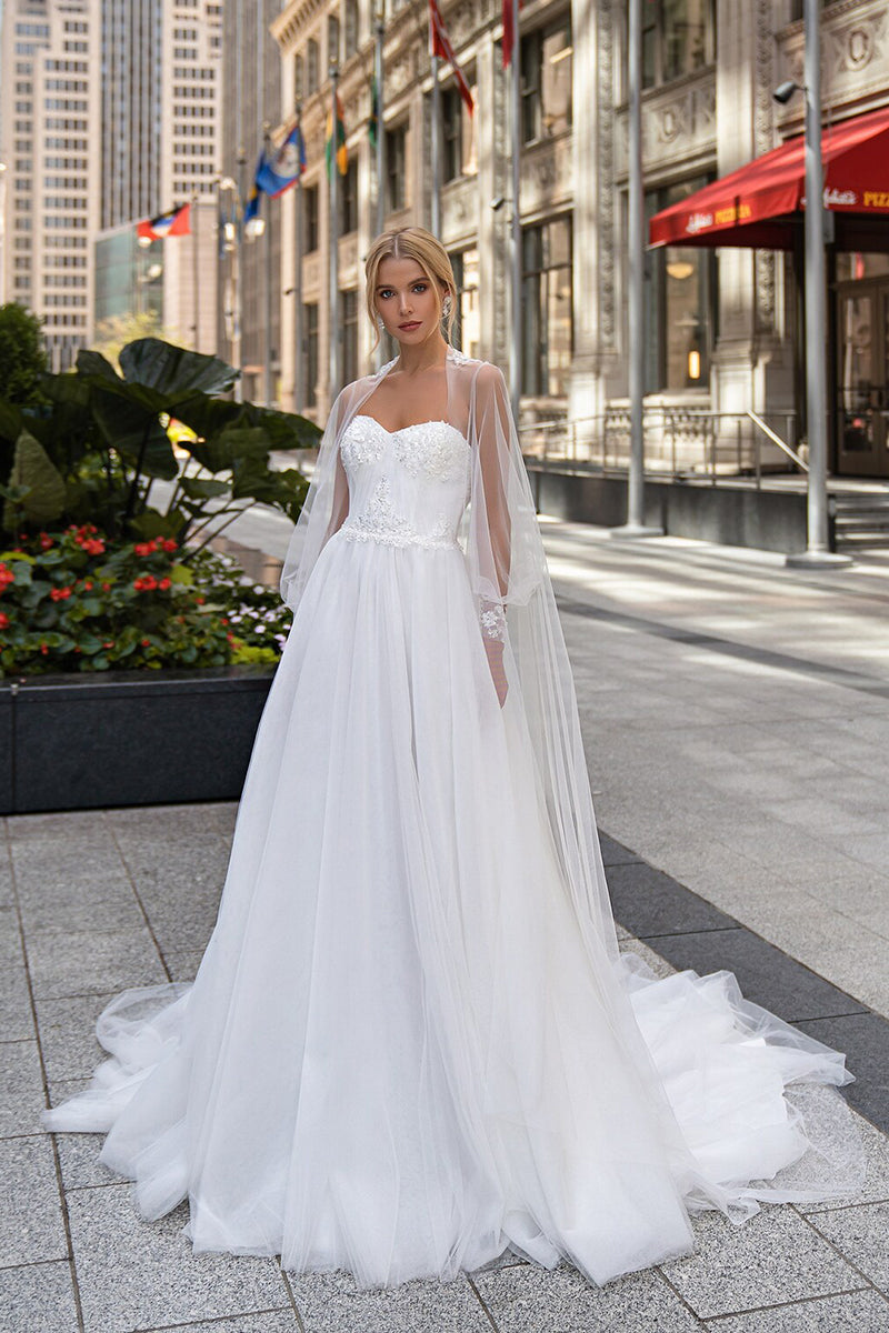 K1265 - Sweetheart Strapless Appliqued Tulle A-Line Long Wedding Dress