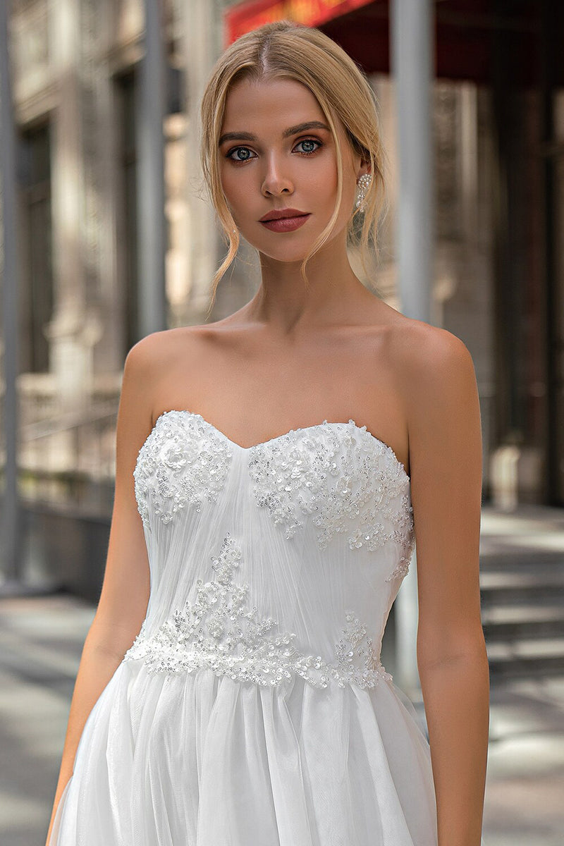 K1265 - Sweetheart Strapless Appliqued Tulle A-Line Long Wedding Dress