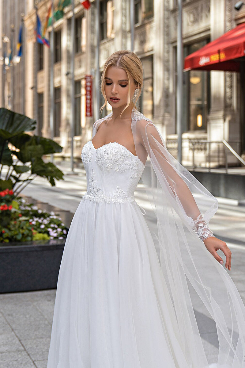 K1265 - Sweetheart Strapless Appliqued Tulle A-Line Long Wedding Dress