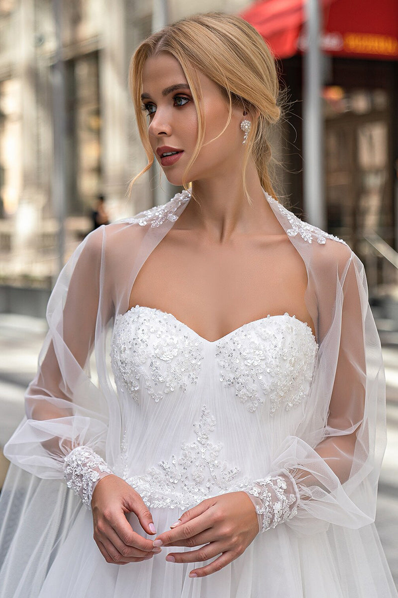 K1265 - Sweetheart Strapless Appliqued Tulle A-Line Long Wedding Dress