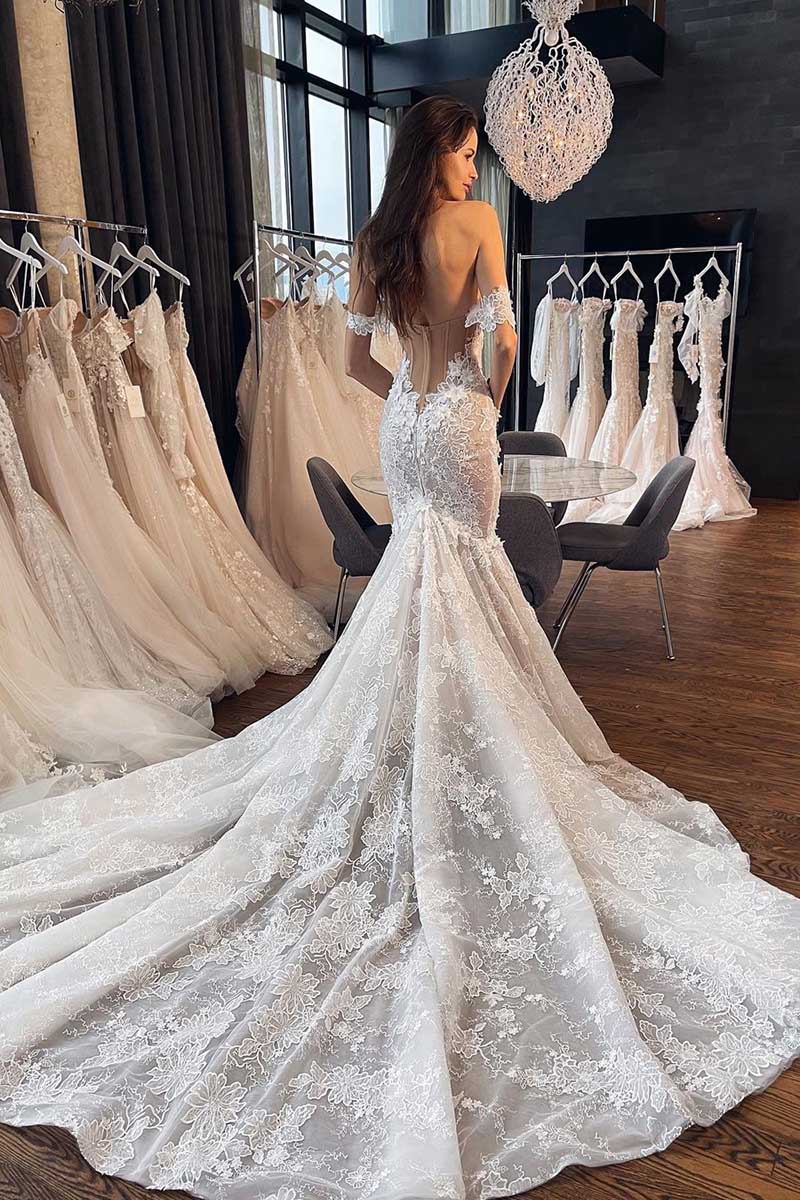 K1266 - Sweetheart Off-Shoulder Lace Appliqued Mermaid Long Wedding Gown