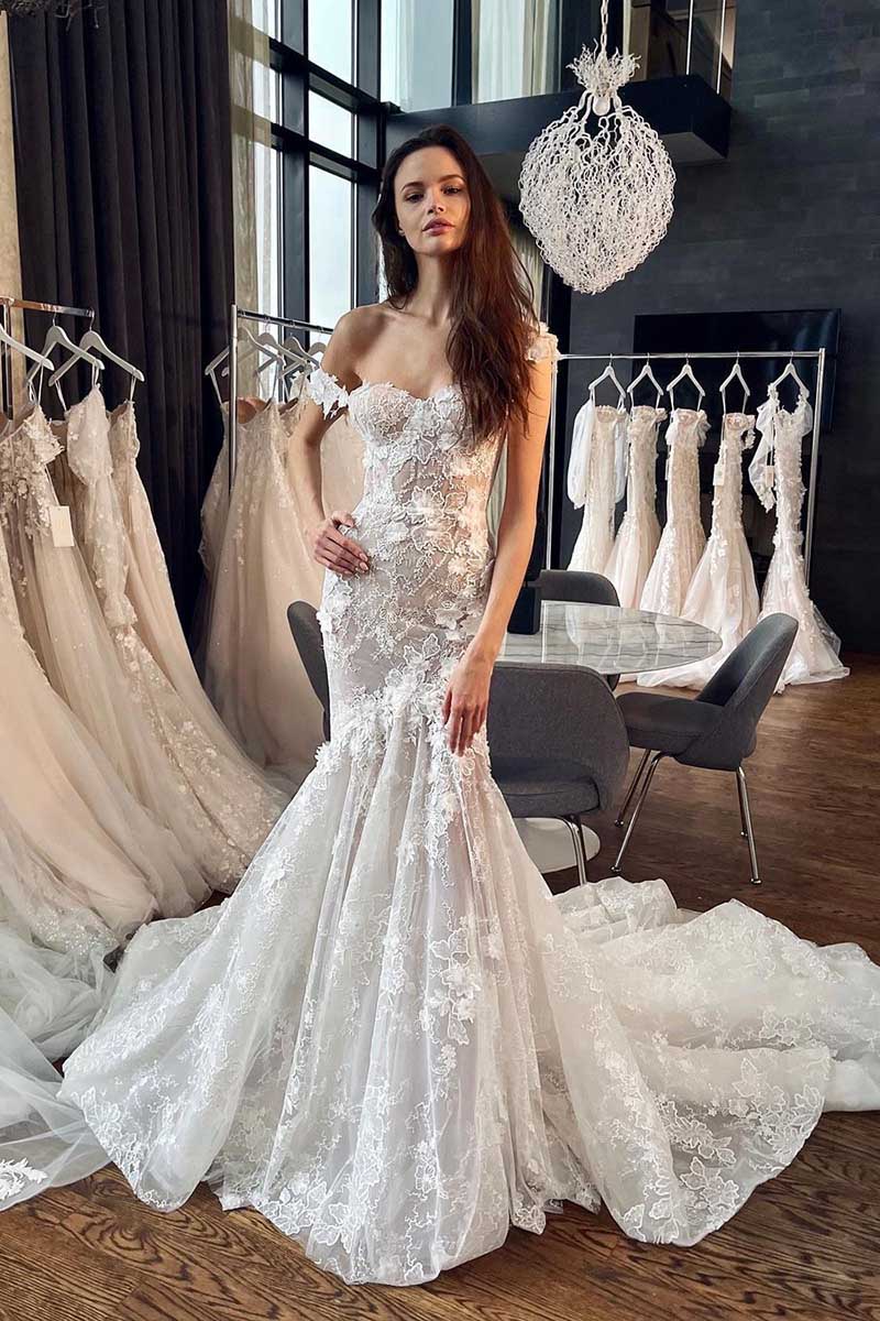 K1266 - Sweetheart Off-Shoulder Lace Appliqued Mermaid Long Wedding Gown