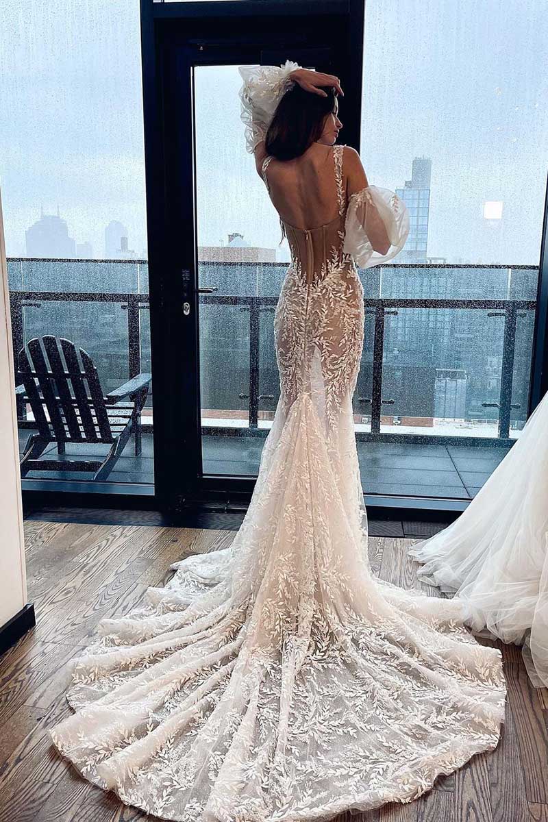 K1267 - Sweetheart Lace Appliqued Sheer Mermaid Long Wedding Gown