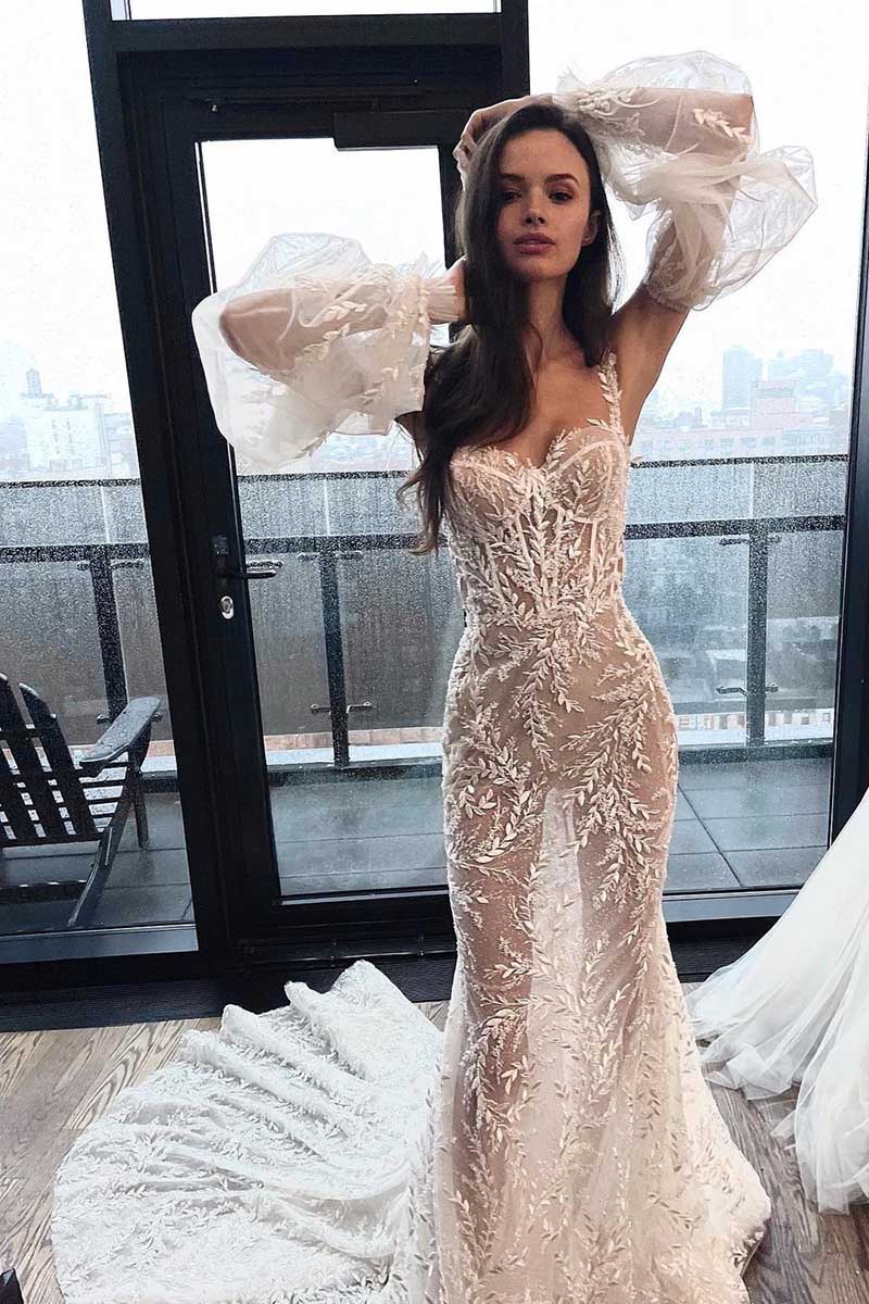 K1267 - Sweetheart Lace Appliqued Sheer Mermaid Long Wedding Gown