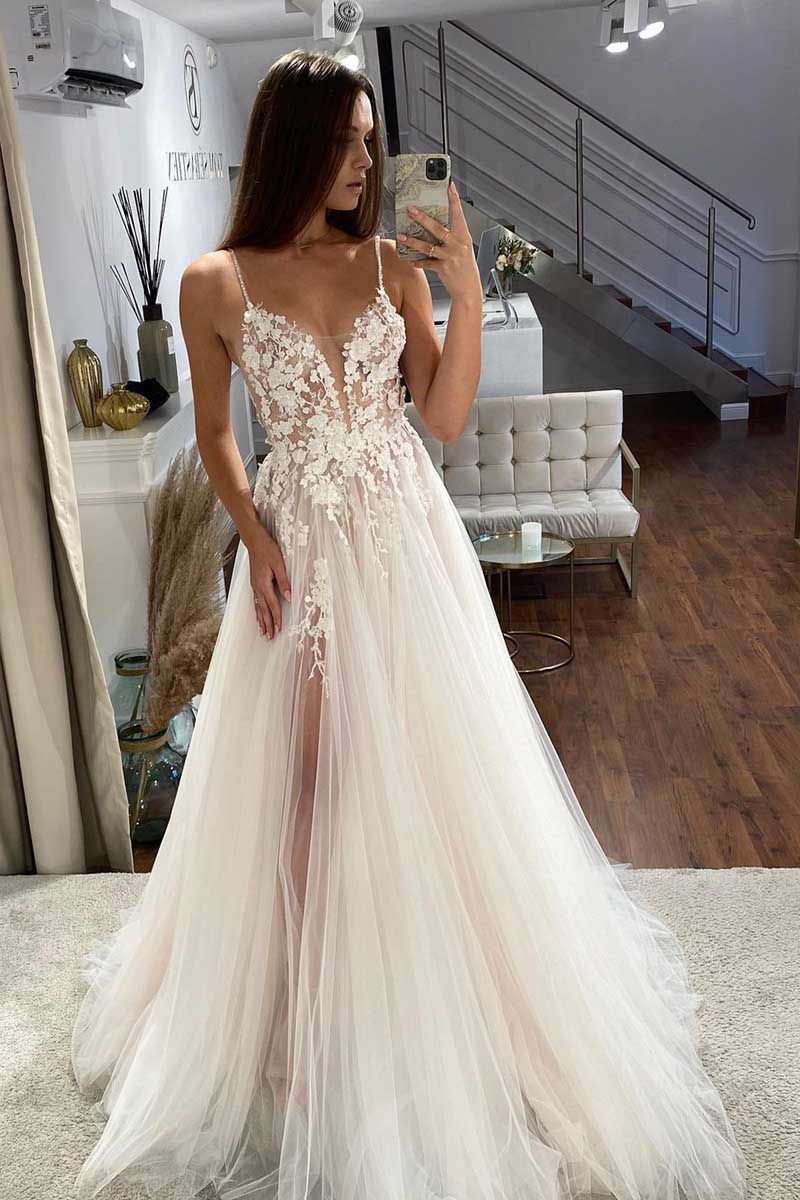 K1268 - Low V-Neck Spaghetti Straps Lace Appliqued Tulle A-Line Wedding Dress