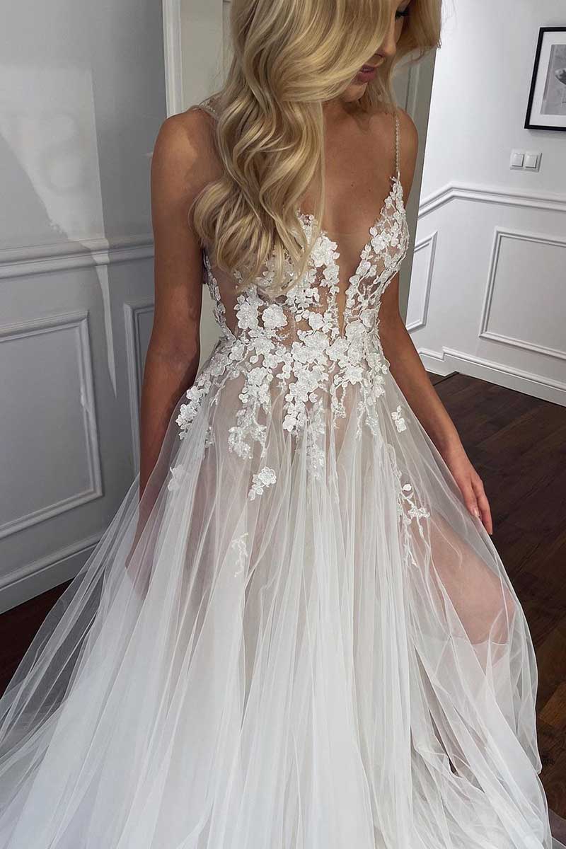 K1268 - Low V-Neck Spaghetti Straps Lace Appliqued Tulle A-Line Wedding Dress