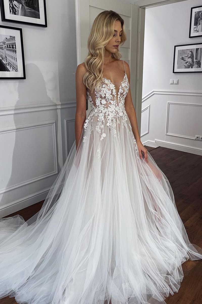 K1268 - Low V-Neck Spaghetti Straps Lace Appliqued Tulle A-Line Wedding Dress