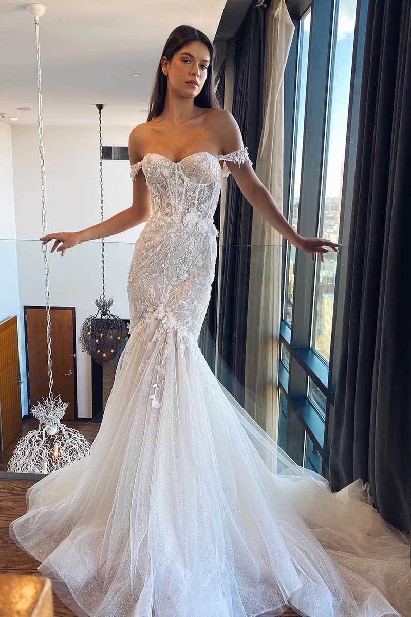 K1269 - Sweetheart Off-Shoulder Lace Appliqued Tulle Mermaid Wedding Gown