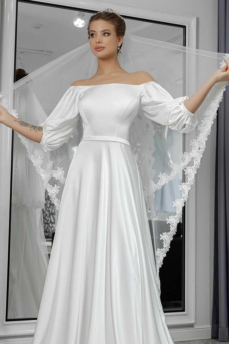 K1270 - Off-Shoulder Half Sleeves Satin A-Line Long Wedding Gown With Veil