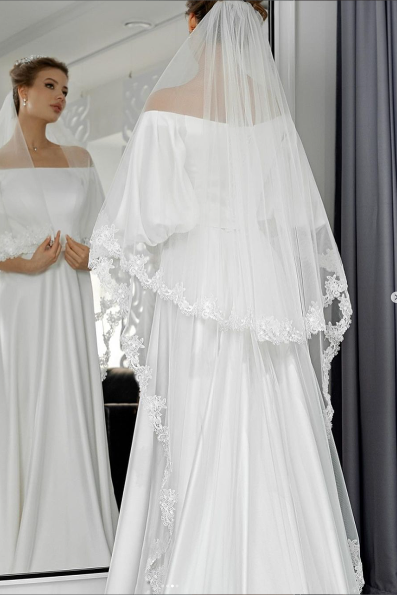 K1270 - Off-Shoulder Half Sleeves Satin A-Line Long Wedding Gown With Veil