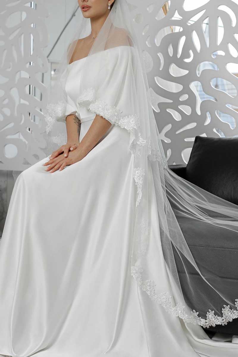 K1270 - Off-Shoulder Half Sleeves Satin A-Line Long Wedding Gown With Veil