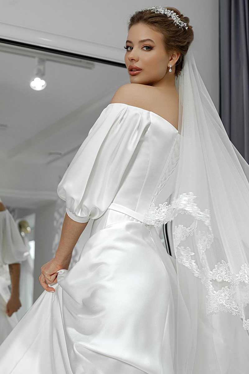 K1270 - Off-Shoulder Half Sleeves Satin A-Line Long Wedding Gown With Veil