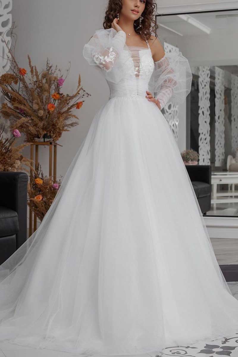 K1271 - V-Neck Sleeveless Appliqued Ruched Tulle A-Line Long Wedding Gown