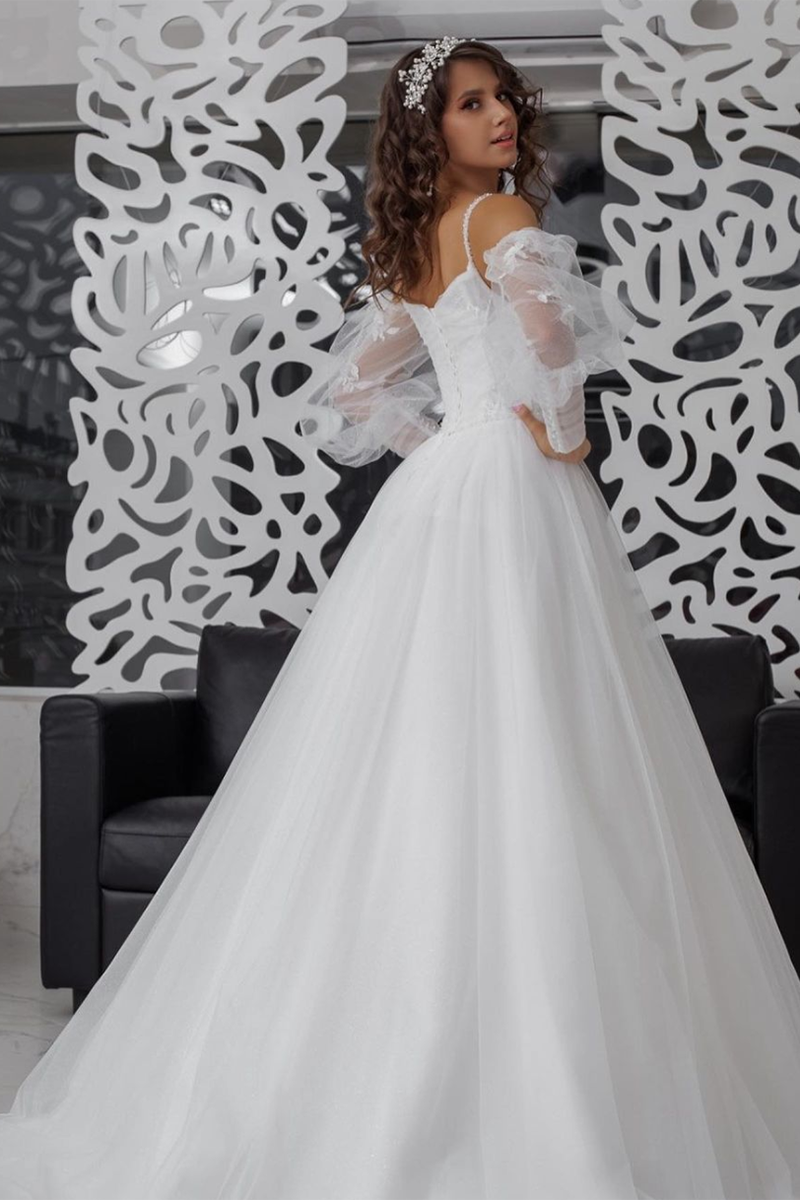 K1271 - V-Neck Sleeveless Appliqued Ruched Tulle A-Line Long Wedding Gown