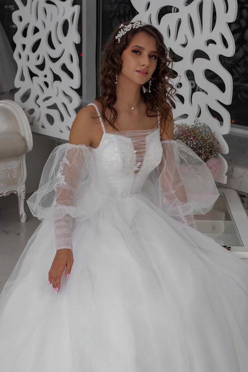 K1271 - V-Neck Sleeveless Appliqued Ruched Tulle A-Line Long Wedding Gown