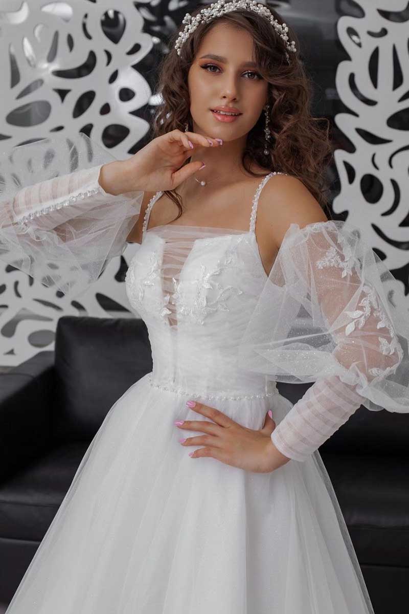 K1271 - V-Neck Sleeveless Appliqued Ruched Tulle A-Line Long Wedding Gown