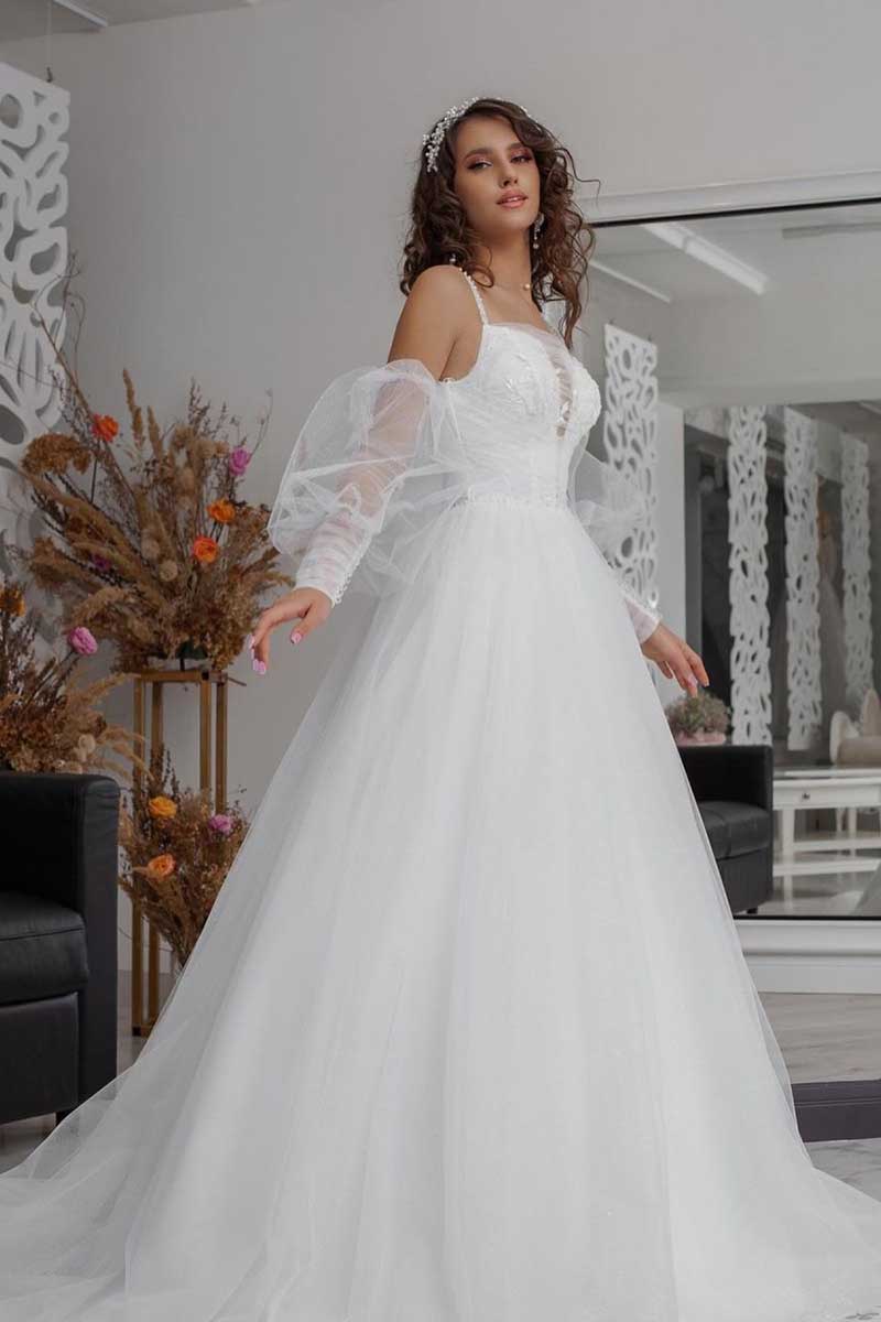 K1271 - V-Neck Sleeveless Appliqued Ruched Tulle A-Line Long Wedding Gown