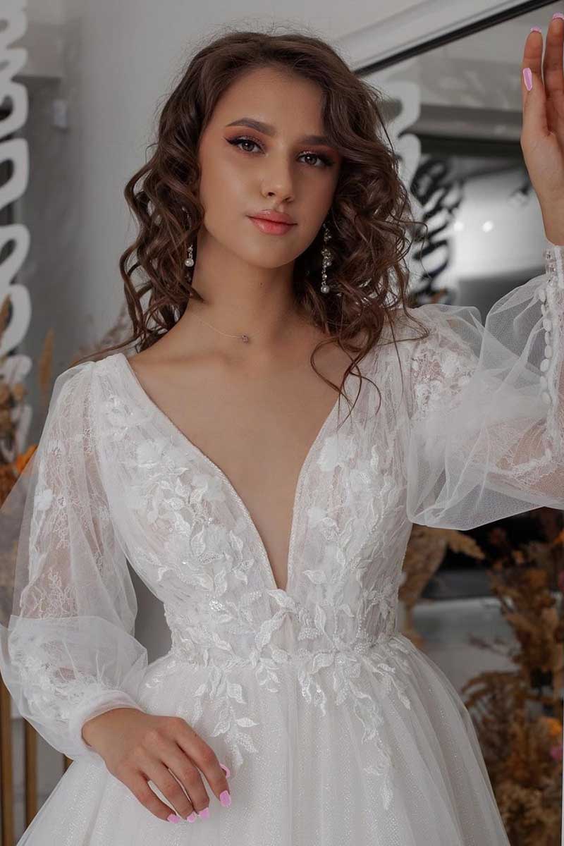 K1272 - Low V-Neck Long Sleeves Appliqued Tulle A-Line Long Wedding Gown