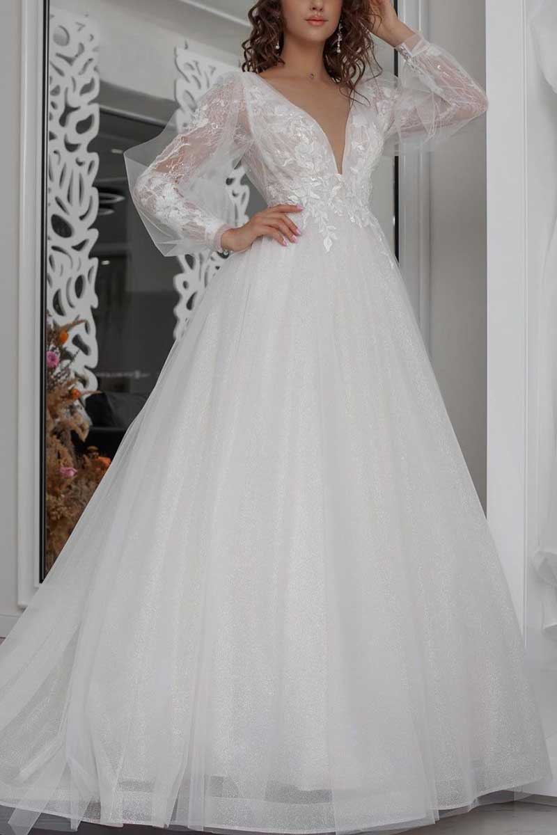 K1272 - Low V-Neck Long Sleeves Appliqued Tulle A-Line Long Wedding Gown