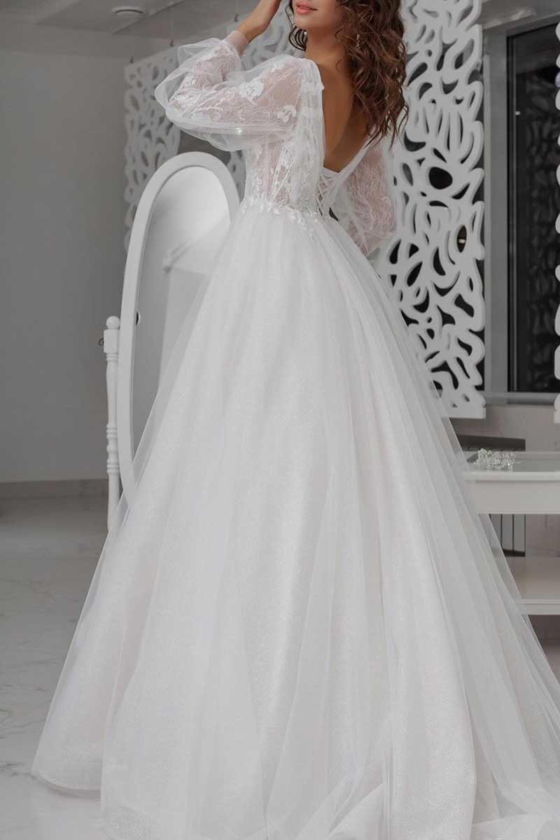 K1272 - Low V-Neck Long Sleeves Appliqued Tulle A-Line Long Wedding Gown