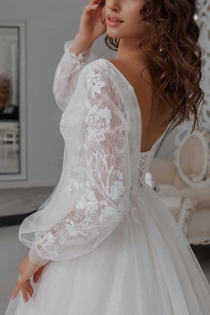 K1272 - Low V-Neck Long Sleeves Appliqued Tulle A-Line Long Wedding Gown