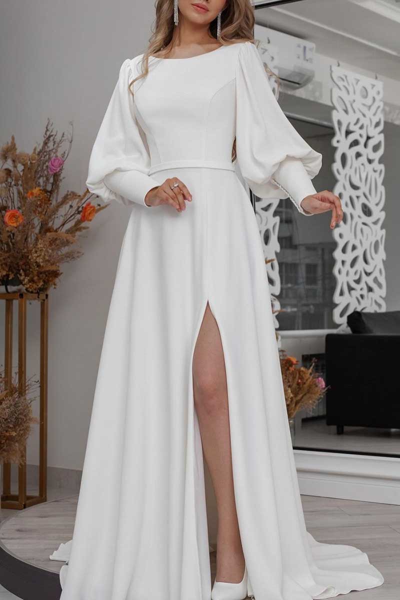 K1273 - Scoop Long Sleeves Cut Outs Satin A-Line Long Wedding Dress With Slit